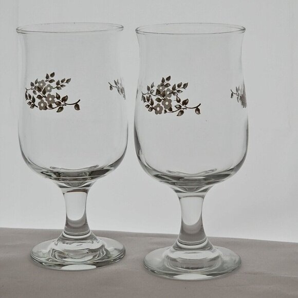2 Pfaltzgraff Heirloom Water Goblets Wine Glasses 6.5" grey  white floral 12oz - Picture 2 of 9